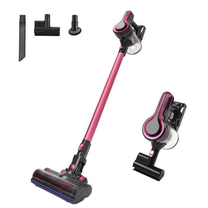 Aspirateur Balai sans Fil sans Sac Multifonction Aspirateur Puissant 18500Pa 2 Vitesses, Mini Brosse Motorisée Brosse Ronde, Fuchsia