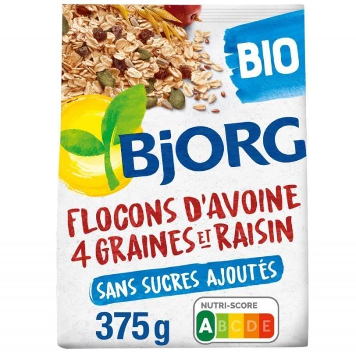 BJORG - Flocons D'Avoine Graines Raisins 375G - Lot De 4