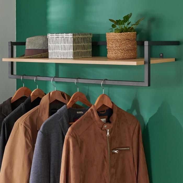 Etagère penderie murale 90 cm Bois et Métal - ETAN Bois Clair