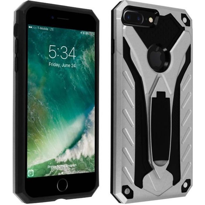 Coque iPhone 7 Plus et 8 Plus Bi-matière Antichoc Fonction Support Argent Gris
