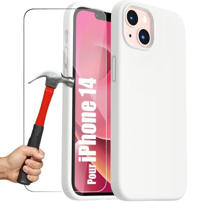 Coque Silicone pour iPhone 14 Mat Blanc Antichoc + 2 Verres Trempés