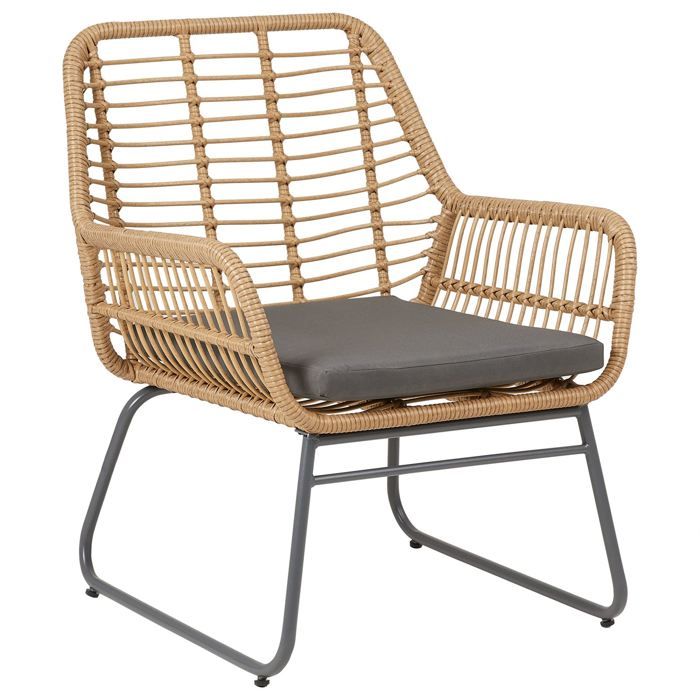 Chaise de salle à manger BOREAL fauteuil d'intérieur ou d'extérieur en imitation rotin, piètement en acier noir, avec 1 coussin