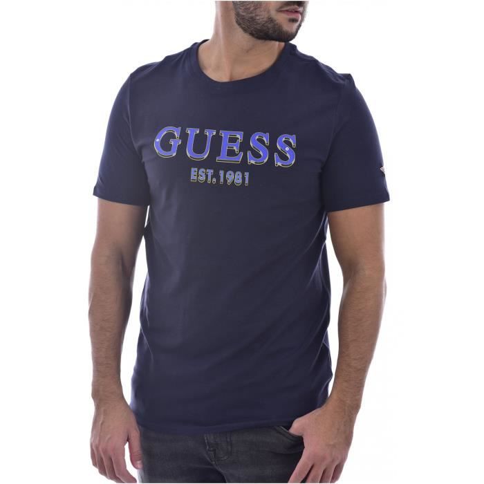 Tee Shirt Stretch à Gros Logo - Guess Jeans - Bleu - Homme
