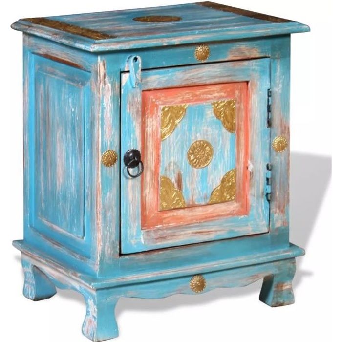 Table de chevet Bois de manguier40 x 30 x 50 cm indien vintageTable de Nuit scandinave Meuble de rangement Contemporain massif Bleu
