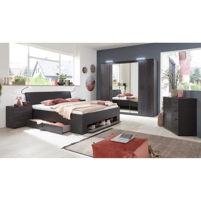 Chambre à coucher complète adulte Dallas (lit 160x200 cm Queen Size + 2 chevets + armoire + commode), coloris gris foncé