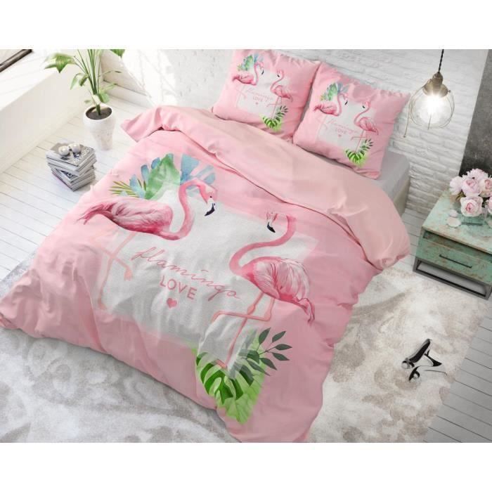 Housse de couette avec 2 taies d'oreiller 100% Cotton200X200-220Sunny Flamingo's Pink