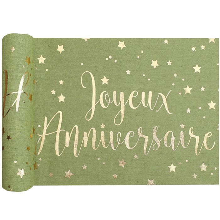 Chemin de table anniversaire vert Olive/Sauge et doré or métallisé 3m (x1) REF/5668