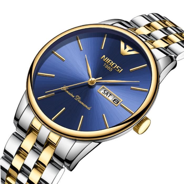 SHARPHY Montre homme calendrier multifonction bracelet en acier étanche mode doré bleu classique