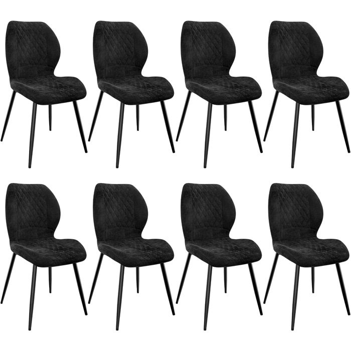 Chaise de salle à manger - WAFTING - WAFTING - Lot de 8 - Revêtement motif diamant noir - Pieds métal coussin éponge