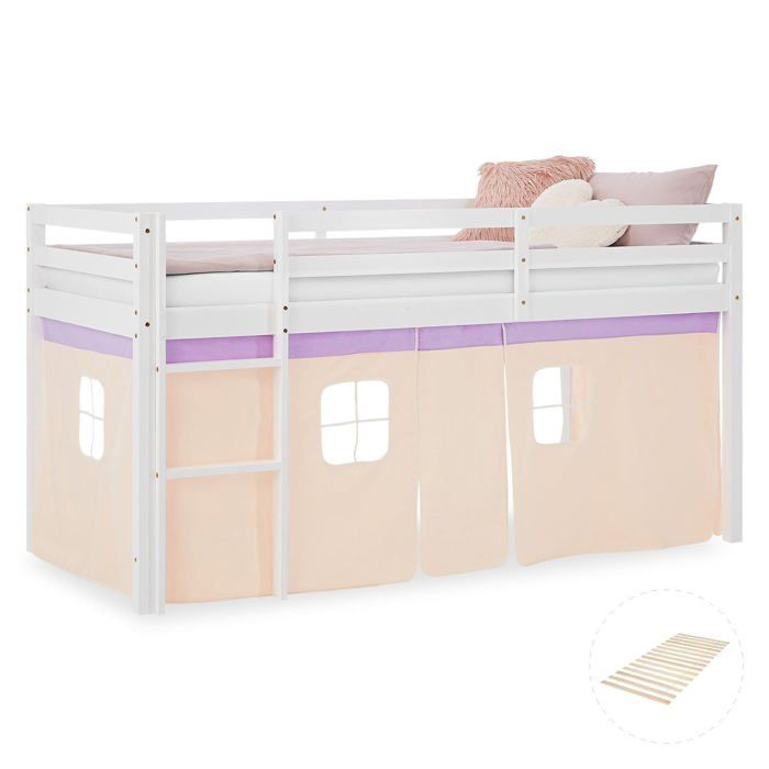 Lit mezzanine avec sommier a lattes 90x200cm avec echelle en bois laque blanc et toile beige lilas incluse sans matelas LIT06246