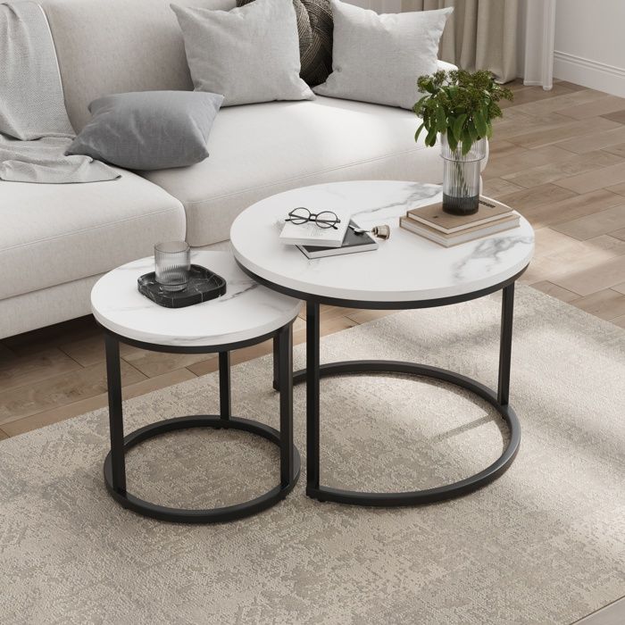 Table basse ronde Tables basses Gigognes Meuble de Salon Table dappoint Moderne Placage Marbre 60x45+40x40cm Blanc