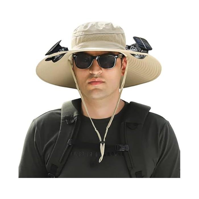 ®RisingFF Chapeau de soleil à large bord avec 2 ventilateurs solaires pour la pêche et la plage UPF 50+，Khaki