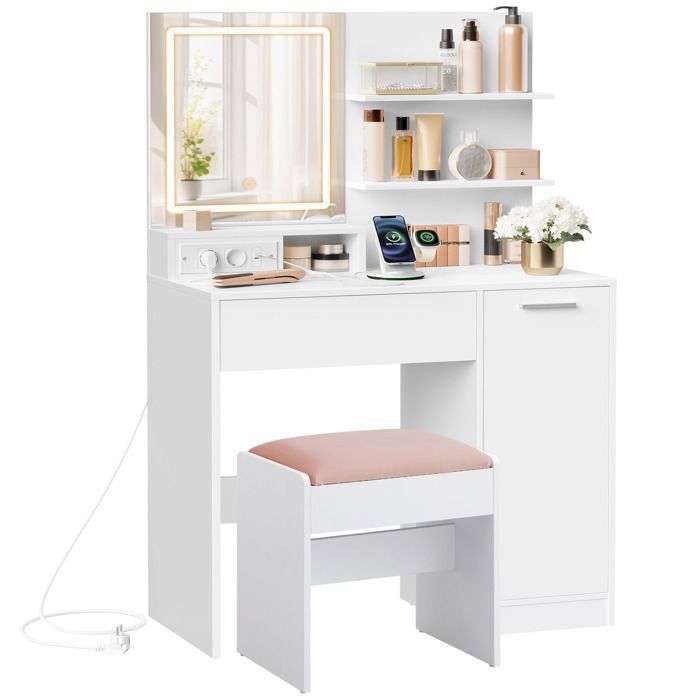 Coiffeuse avec miroir LED Multiprise Tabouret 2 étagères 1 tiroir et porte avec 2 Étagères Réglables Blanc
