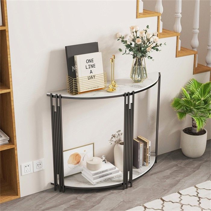 Console Meuble en Marbre - 100x30x78cm Table Console Scandinave Blanche Demi Ronde Meuble d’Entrée pour Couloir Salon - Blanche