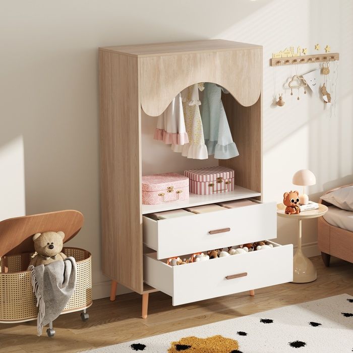 Armoire enfant ouverte 80x46x141.5 cm - Tringle à vêtements et 2 tiroirs - Pieds et poignées en bois massif - Blanc+naturel Armoire enfant ouverte 80x46x141.5 cm - Tringle à vêtements et 2 tiroirs - Pieds et poignées en bois massif - Blanc+naturel