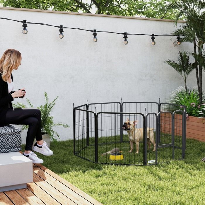 Meilleurs prix pour Parc pour chien enclos chien 8 panneaux modulable et pliable acier avec porte pour chiot intérieur extérieur 60 cm noir