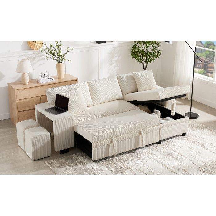 Canapé lit convertible L Canapé 3 Places avec Ports USB/Type-C - Rangements Intégrés - Tissu - Transformable en Lit 231cm - beige
