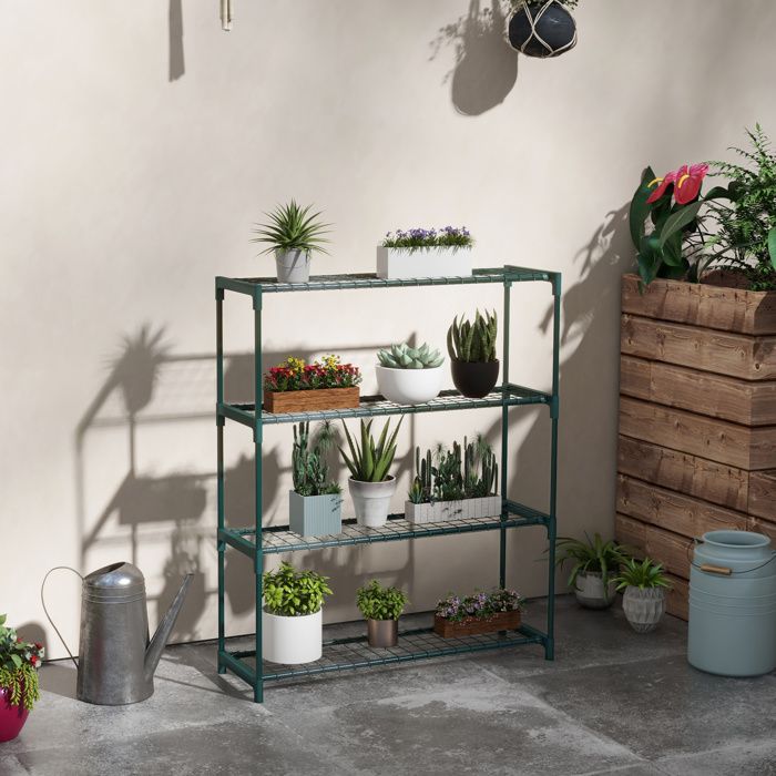 Étagère à fleurs supports porte plante 4 niveaux intérieur et extérieur en acier dim. 89L x 28l x 107H cm vert