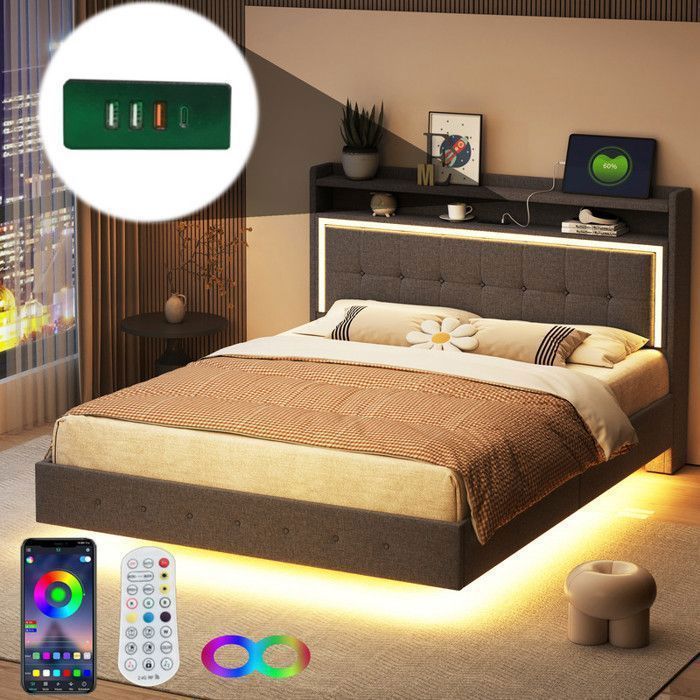 Lit Double 140x200 cm avec 2 Tables de Chevet USB et LED - Rembourré Tissu Lin Gris - Tête de Lit Rangement & Pieds Cachés