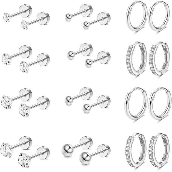 Boucles doreilles inoxydable - 12 paires créoles clous hypoallergéniques - Convient pour piercing cartilage helix Étiquette