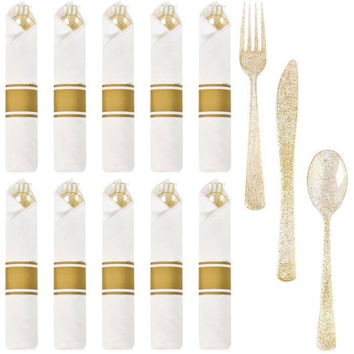 Ensemble de couverts en plastique doré - design élégant - lot de 10 - sans BPA