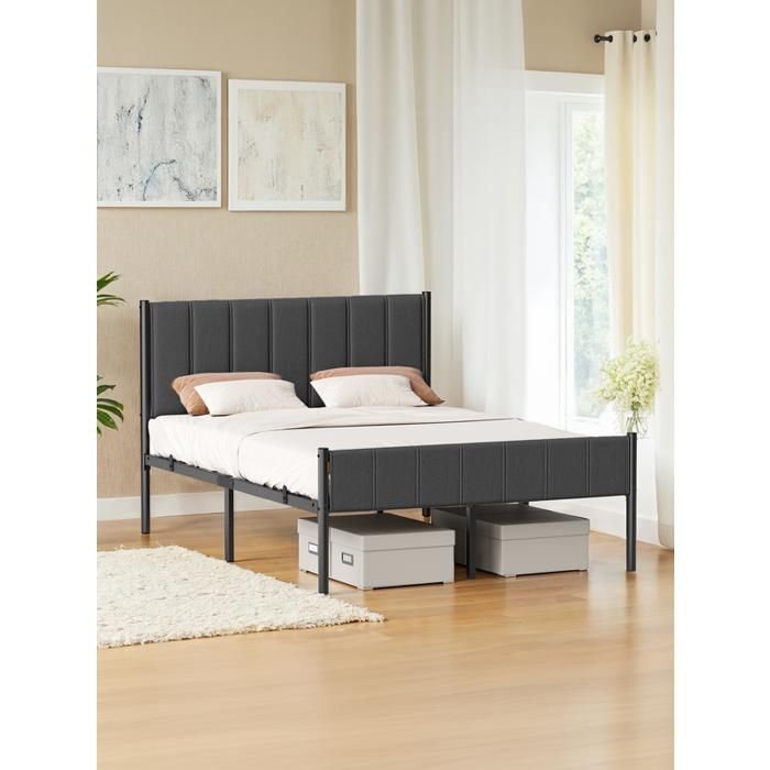 Lit Double avec Structure en Acier 140 x 190 cm Chambre Tête de Lit Capitonnée Montage Rapide Gris