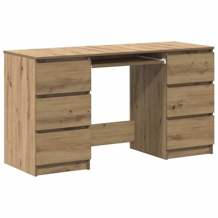 Bureau en bois dingénierie - CLARENCE - 140x50x77 cm - Chêne artisanal - 6 tiroirs - Grand espace de rangement