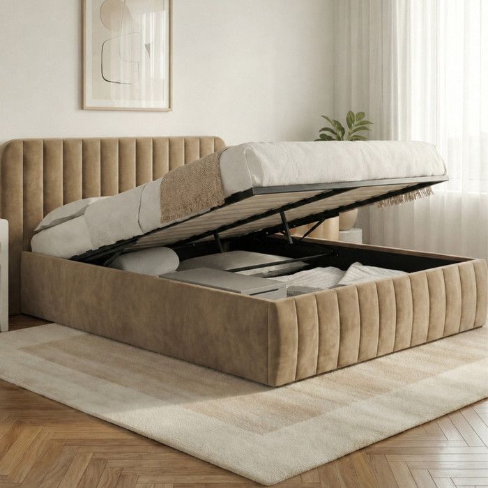 IDMARKET Lit coffre double ALBA avec tête de lit et sommier 140 x 190 cm velours taupe