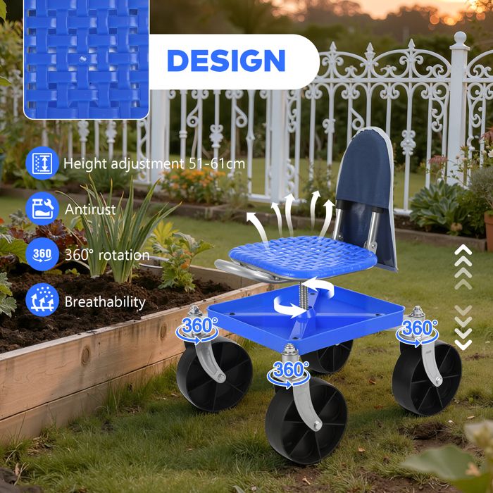 Siège de Jardin Roulant Réglable – Tabouret de Jardin avec Roues Hauteur Ajustable Plateau de Rangement