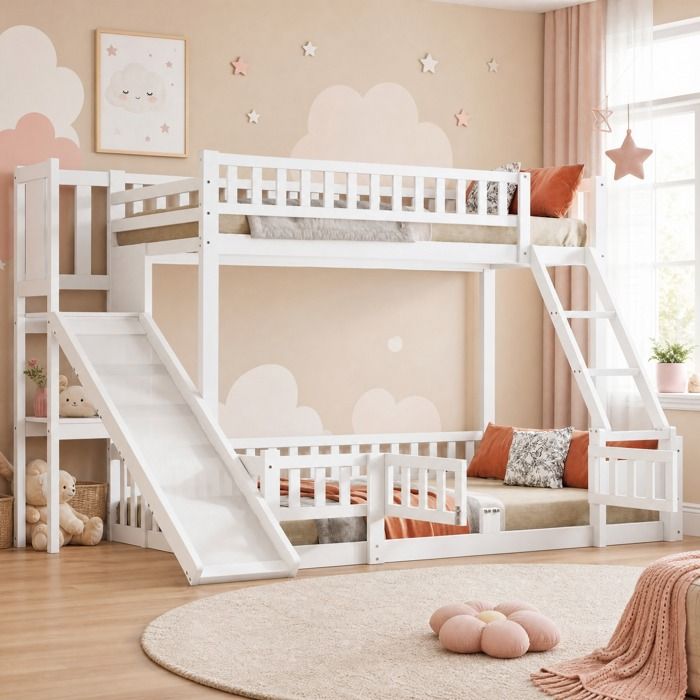 Maisentiel Lit superposé enfant blanc 90 x 200 et 140 x 200 cm avec toboggan échelle et étagères