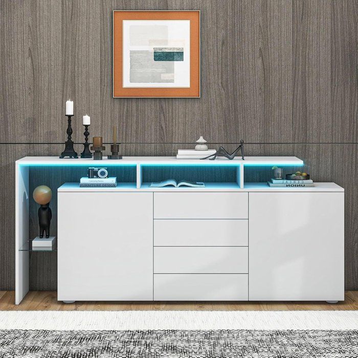 Buffet Bahut de Salon - 160 cm - 2 Portes et 4 Tiroirs - Blanc et Brillant - Style Scandinave - Commode avec éclairage LED