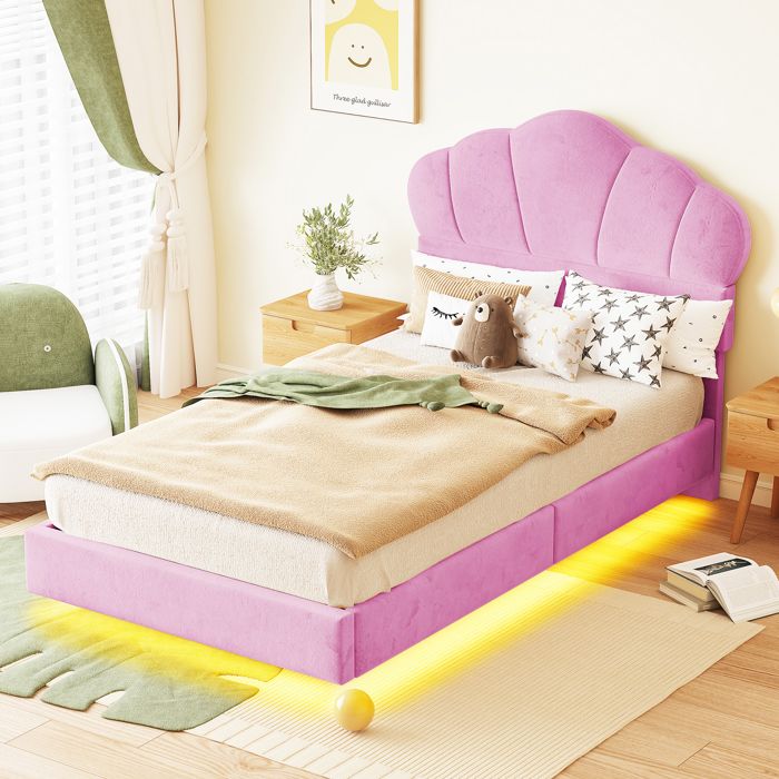 Lit enfant 90x200 cm - Lit Simple avec Bande LED Intégrée et Pied de Lit Discret Sans Matelas Revêtement en Velours Rose