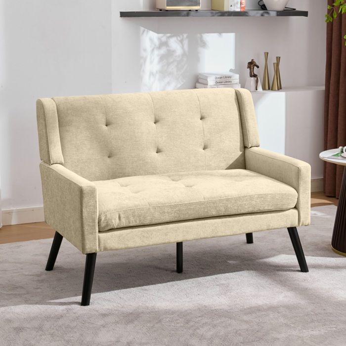 Canapé banquette 2 places capitonnée pour salon ou chambre pieds en bois antidérapants lin beige