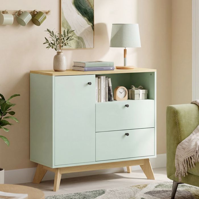 Buffet salon meuble de rangement avec porte 2 tiroirs compartiment ouvert et étagère réglable vert clair et chêne