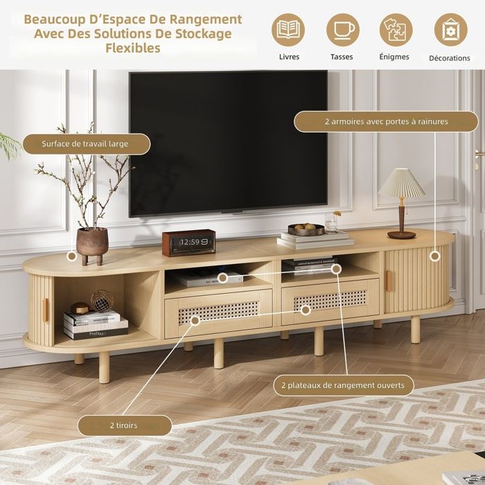 Meuble TV ovale 170x40x40cm avec 2 tiroirs en rotin et 2 portes coulissantes bois