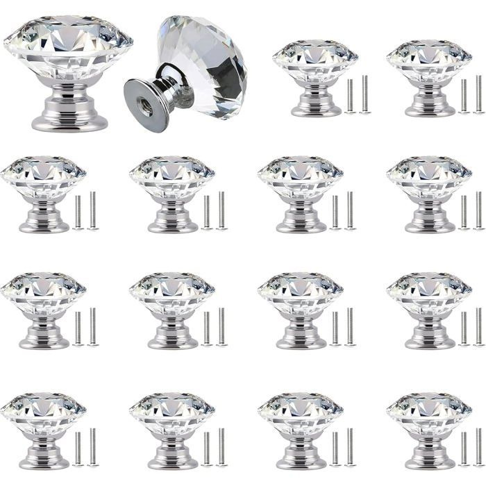 Boutons de meubles en cristal 16 pièces Diamant verre de cristal Bouton darmoire 30 mm Boutons de placard Bouton de porte Boutons