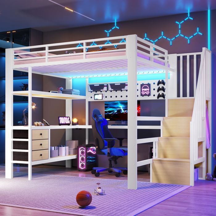 Lit mezzanine 140 x 200 cm avec bureau LED prise électrique 3 tiroir étagère MDF et métal Blanc