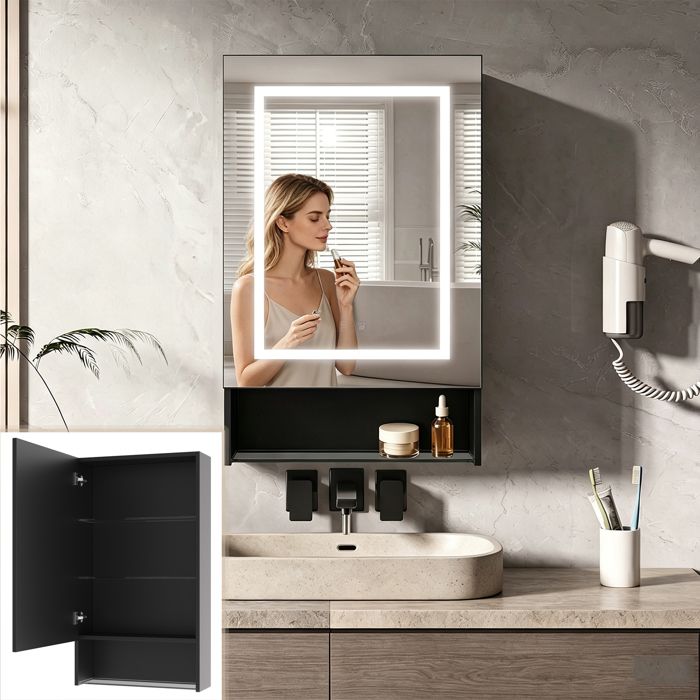 Armoire Murale de Salle de Bain avec LED Miroir Meuble Salle de Bain Rangement Anti-Buée Étagères Réglable Stockage ouvert