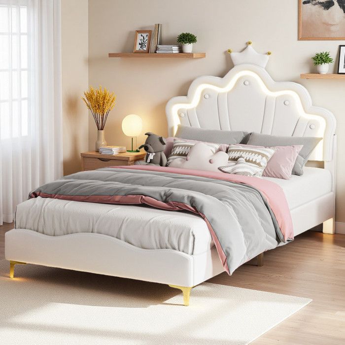Lit princesse couronne 140 x 190 - Cuir PU imperméable - Blanc - Lit adulte 140 x 190 avec bande lumineuse LED réglable