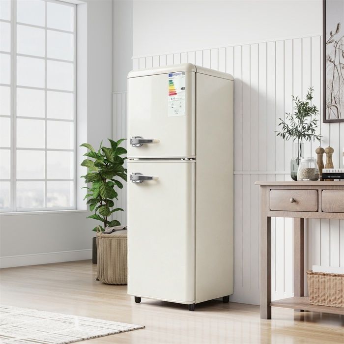 Réfrigérateur Double Porte 112L - 41x48.5x114.5cm - 72L Froid + 40L Congélateur Classe E Thermostat 7 Niveaux et LED - Crème - Dreammespace