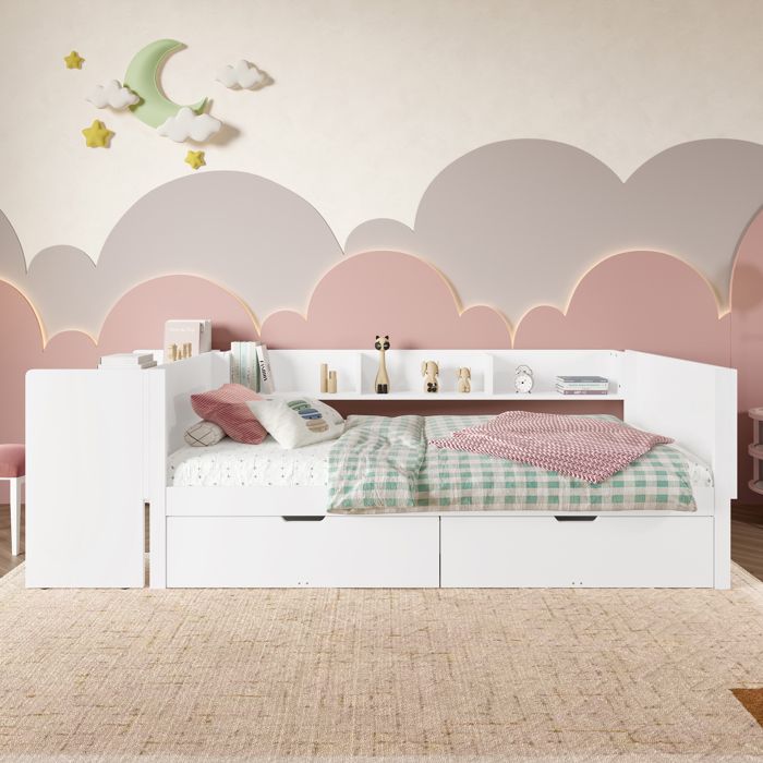 Lit enfant - KOMHTOM - 90x200 cm - Bureau intégré - 2 tiroirs & 3 étagères Lit enfant - KOMHTOM - 90x200 cm - Bureau intégré - 2 tiroirs & 3 étagères