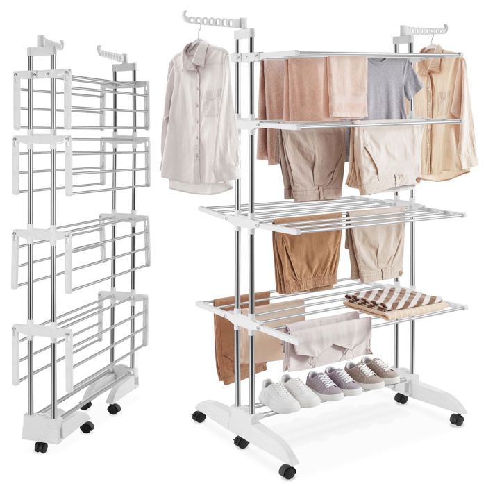 Séchoir à linge - TECTAKE - sèche-linge tour - odelia - pliable 4 étages avec roulettes - acier chromé - blanc gris chrome