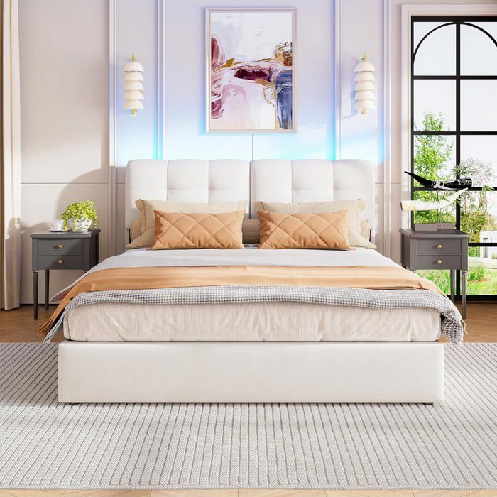 Lit Double Rembourré 160x200 tête dossier rembourré cadre lattes bois bande LED rangement blanc velours sans matelas