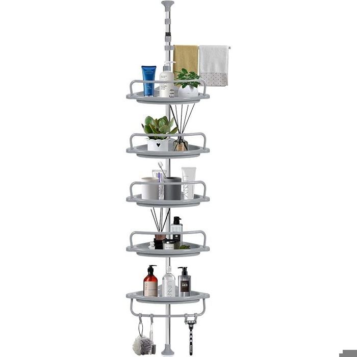 Etagere Salle de Bain Étagère Salle de Bain Télescopique Étagère 100-320 cm 5 Plateaux 4 Crochets 1 Porte-Serviettes Gris