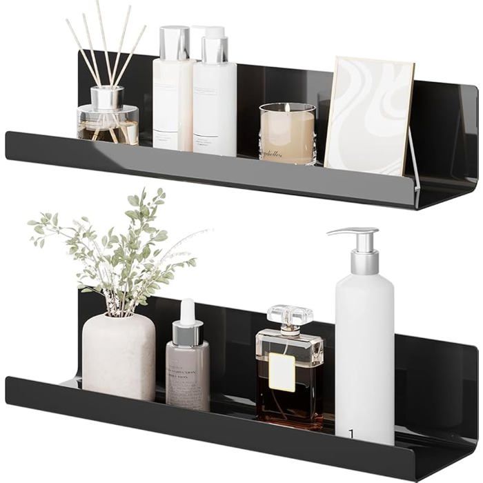 Etagere Murale sans Percage Lot de 2 Noir Acrylique Étagère Murale pour Livres et PhotosÉtagère sans Percer Noir(2pc)
