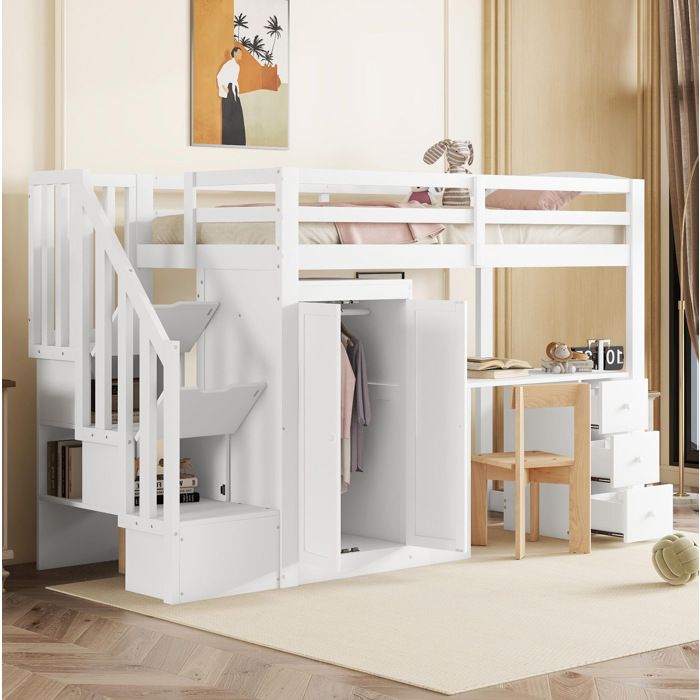 Lit mezzanine 90 x 200 cm blanc avec bureau armoire 3 tiroirs et escalier de rangement