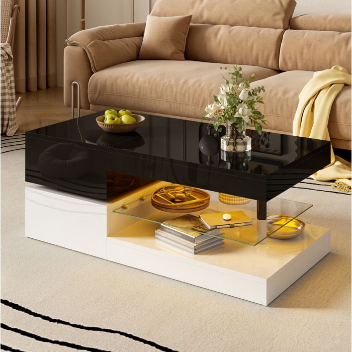 WOVREO table basse LED 90x45x35 5 cm avec contrôle par application et Bluetooth étagère en verre noir et blanc