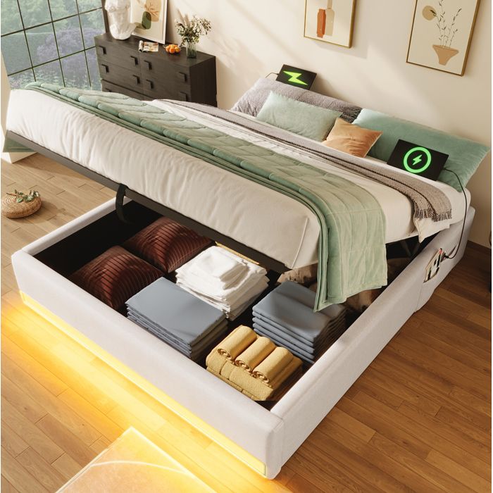 COVREO Lit coffre 140x200 cm beige avec LED USB et USB-C rangement hydraulique sans tête de lit