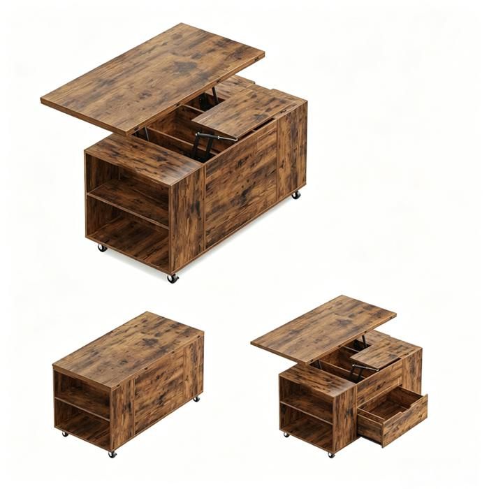SENVIRO Table basse relevable à roulettes 100 x 50 x 53 cm double plateau tiroir et rangements marron rustique
