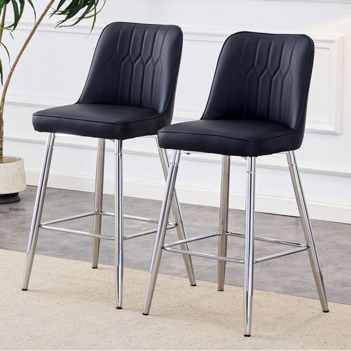 Tabouret de Bar Lot de 2 100 cm avec Dossier et Repose-Pieds - MODENVIE - Métal et Simili Cuir Noir et Argent